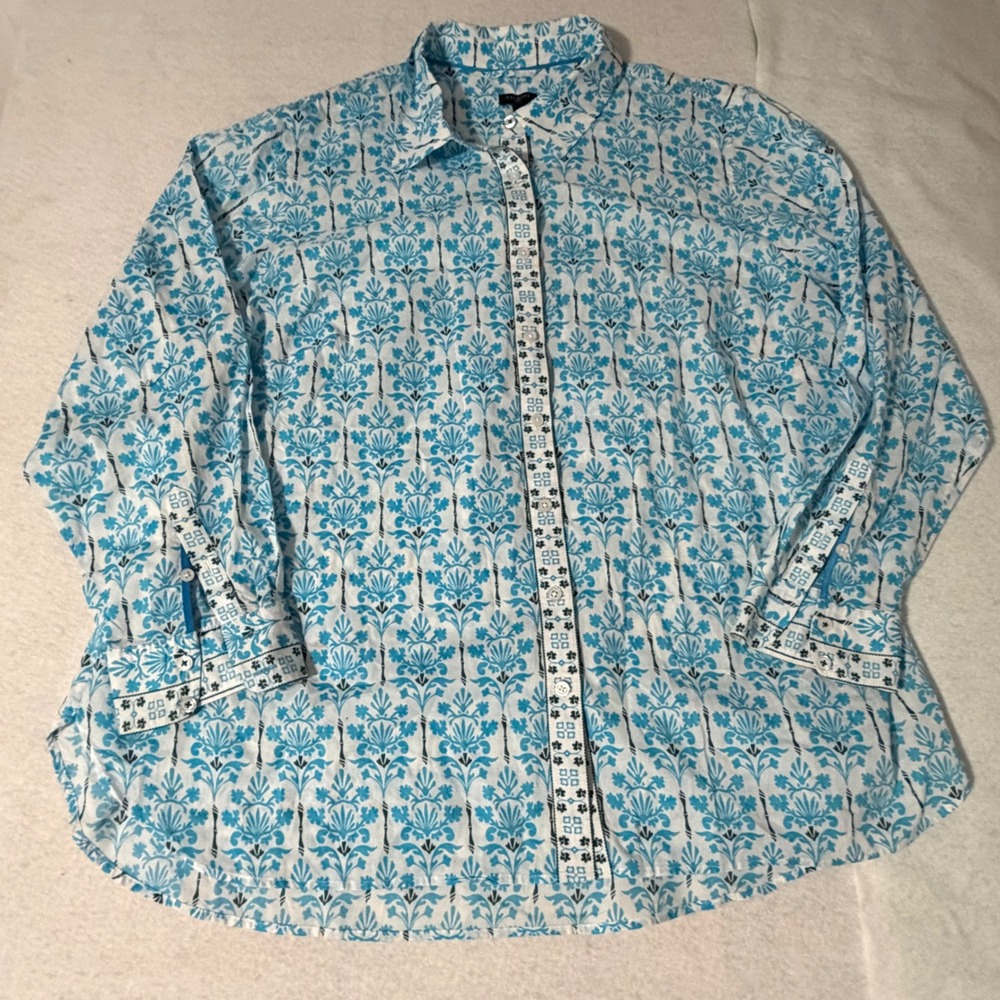 Talbots Plus 2X Cotton Button Down Shirt Turquoise Blue White Damask Floral Long